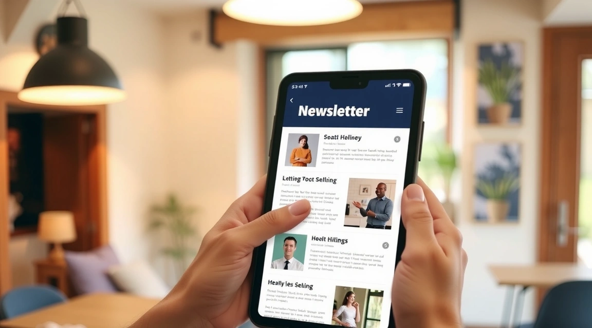 Ilustracja osoby czytającej newsletter na telefonie lub tablecie