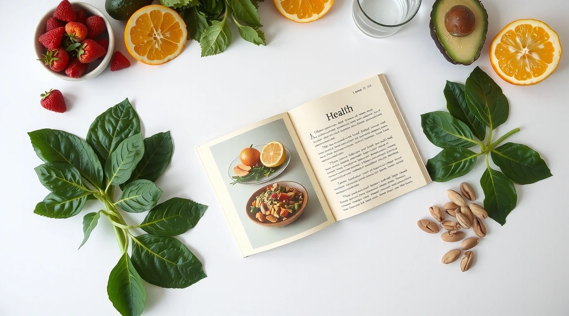 Otwarta książka lub tablet ze artykułem o zdrowiu, otoczona zdrowymi produktami