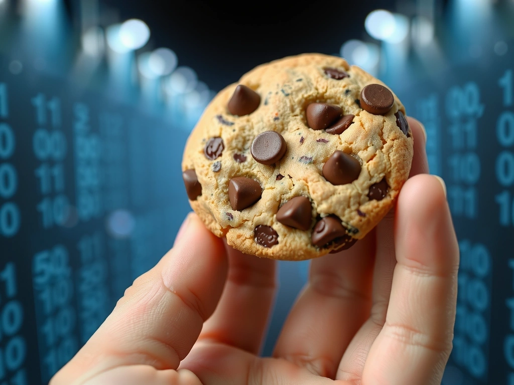 Ręka trzymająca ciasteczko z bitami czekolady, symbolizujące pliki cookie w kontekście cyfrowym.