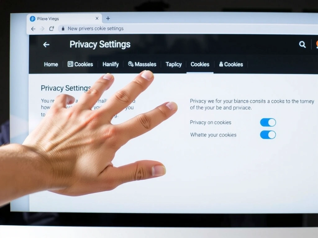 Użytkownik zarządzający ustawieniami prywatności na ekranie komputera, z ikonami symbolizującymi pliki cookie i opcje wyboru.