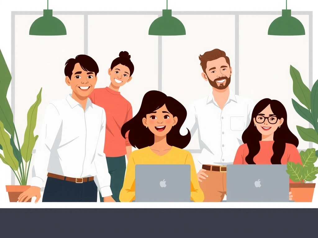 Ilustracja przedstawiająca ludzi w biurze, współpracujących i uśmiechniętych, z elementami natury.