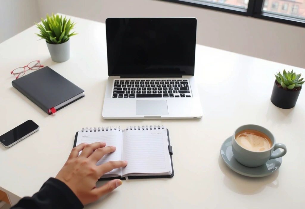 Nowoczesne biurko z laptopem, notatnikiem i filiżanką kawy, symbolizujące komunikację i pracę.