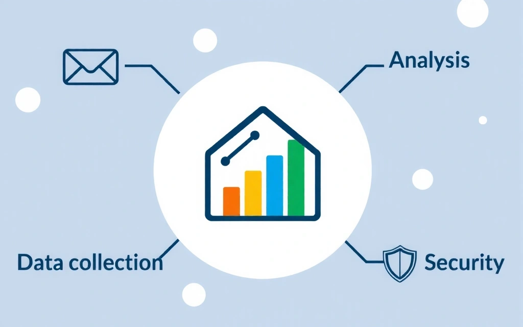 Grafika przedstawiająca różne cele przetwarzania danych z ikonami takimi jak koperta (komunikacja), wykres (analiza), tarcza (bezpieczeństwo)