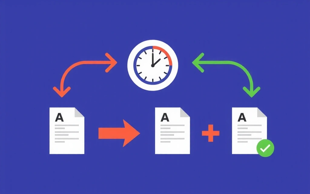 Ilustracja symbolizująca ewolucję i aktualizację dokumentów, z ikoną zegara i strzałek