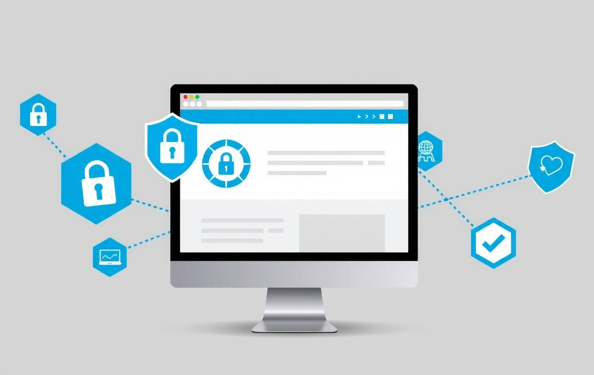 Komputer z otwartą stroną internetową i symbolami bezpieczeństwa, takimi jak kłódka i tarcza
