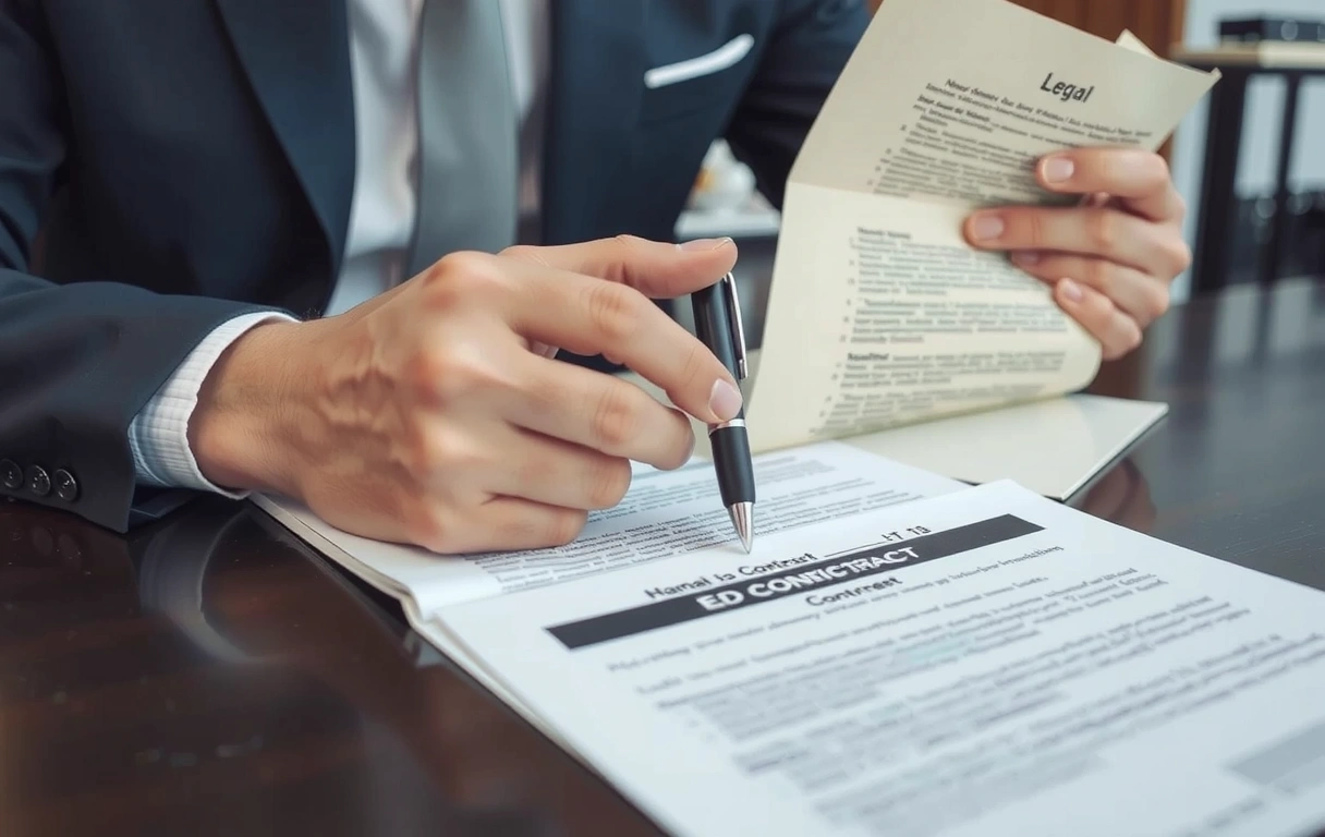 Osoba czytająca dokumenty i podpisująca umowę, symbolizująca akceptację warunków